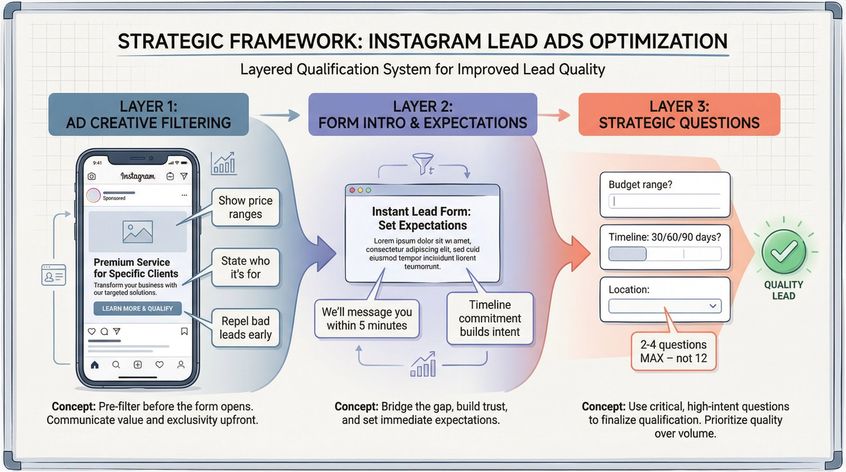 Strategic framework diagram showing three layers of Lead Ad qualification: ad creative filtering, form intro expectations, and qualifying questions