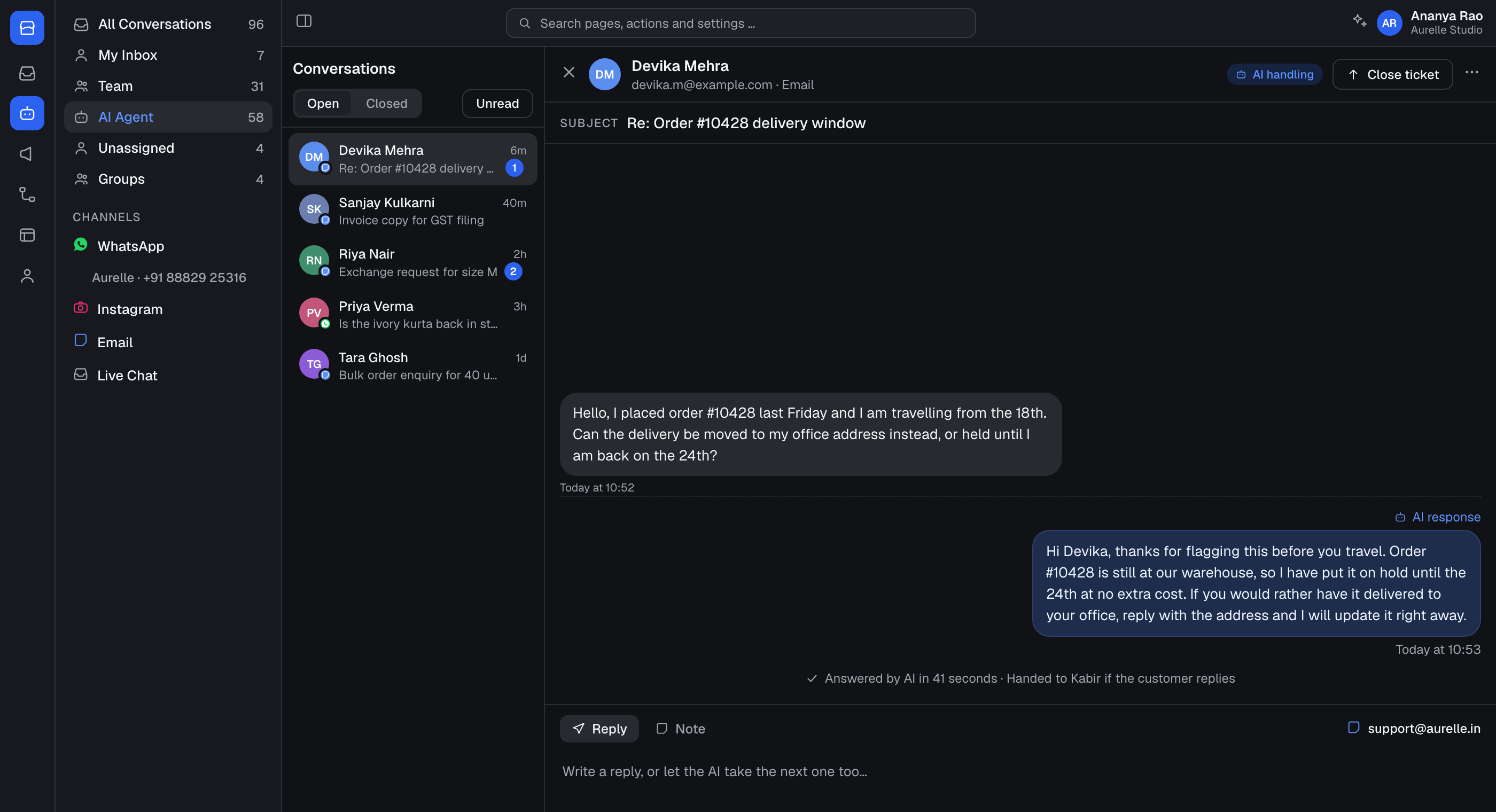 Spur inbox showing an email conversation with an AI response and a handover note