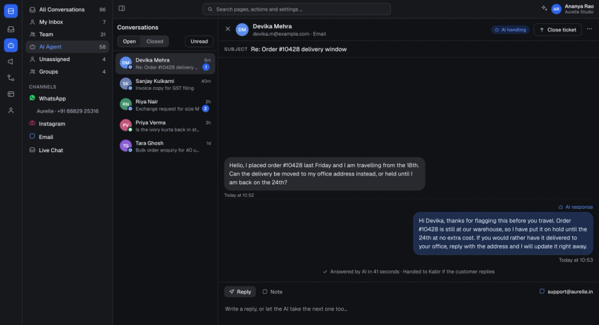 Spur inbox showing an email conversation with an AI response and a handover note