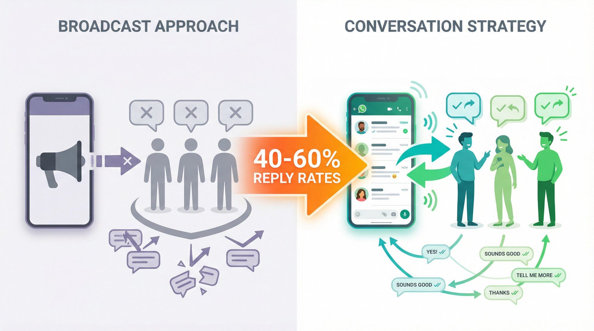 Side-by-side comparison showing one-way broadcast approach with zero replies versus conversational WhatsApp strategy achieving 40-60% engagement rates