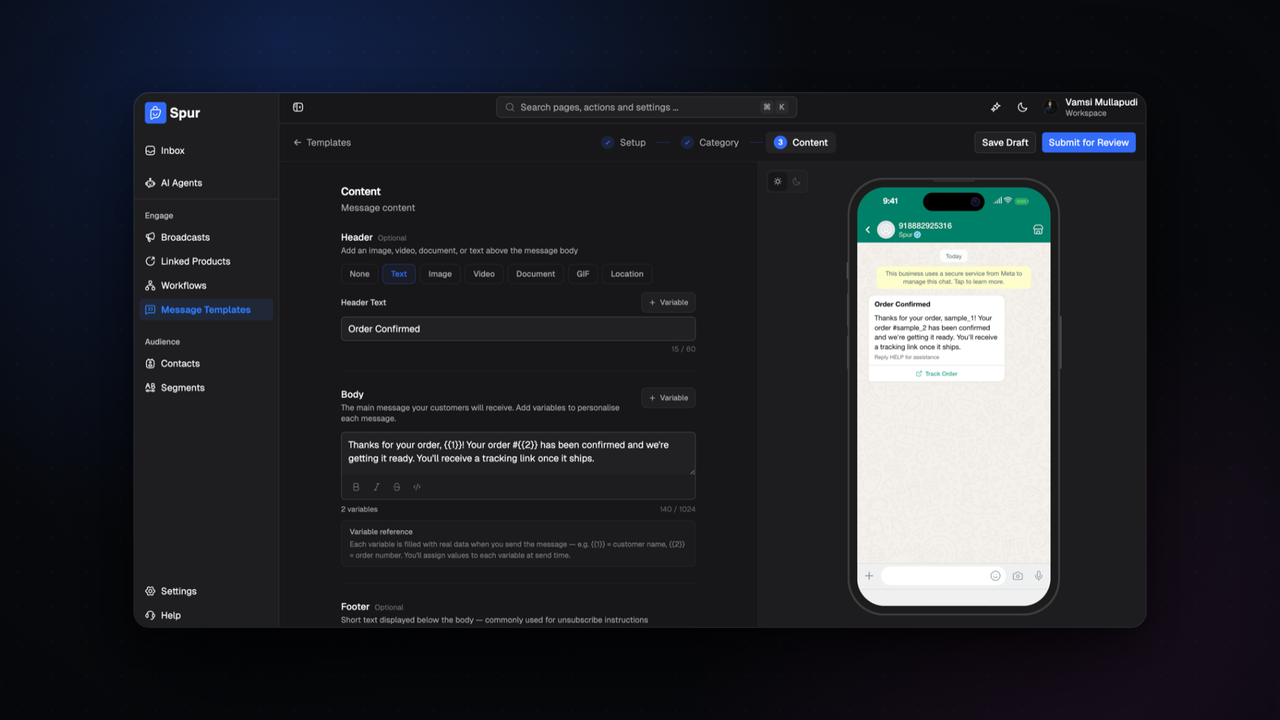 A guided builder for WhatsApp templates, with a live preview