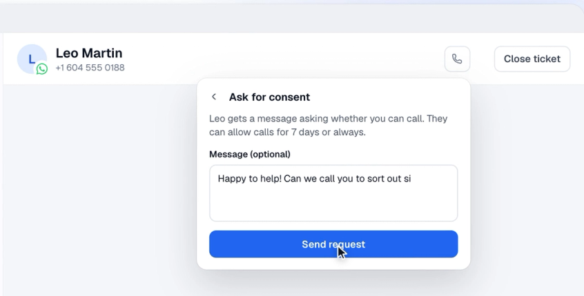 The Ask for consent panel in a chat, with an optional message and a Send request button