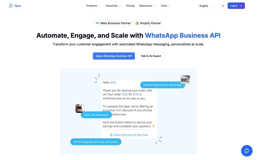 A webpage showcasing Spur's WhatsApp Business API with automated customer service chat examples and payment options.