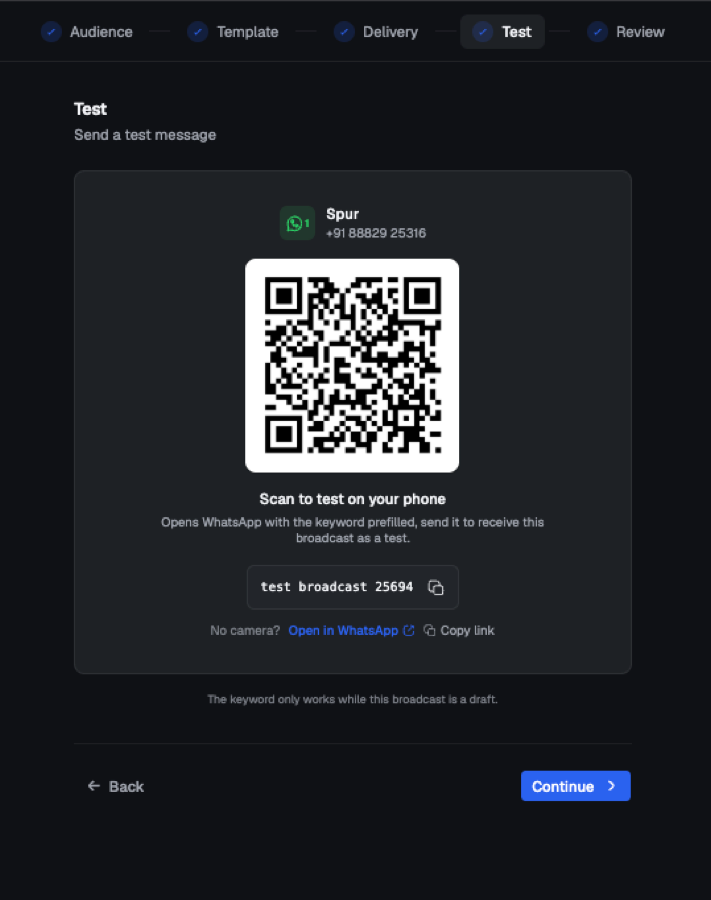 Spur broadcast test step with a QR code, a test keyword and an open in WhatsApp link