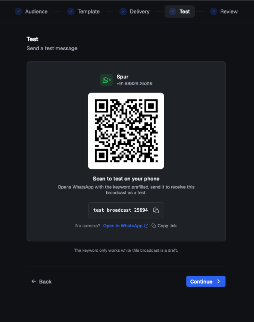Spur broadcast test step with a QR code, a test keyword and an open in WhatsApp link