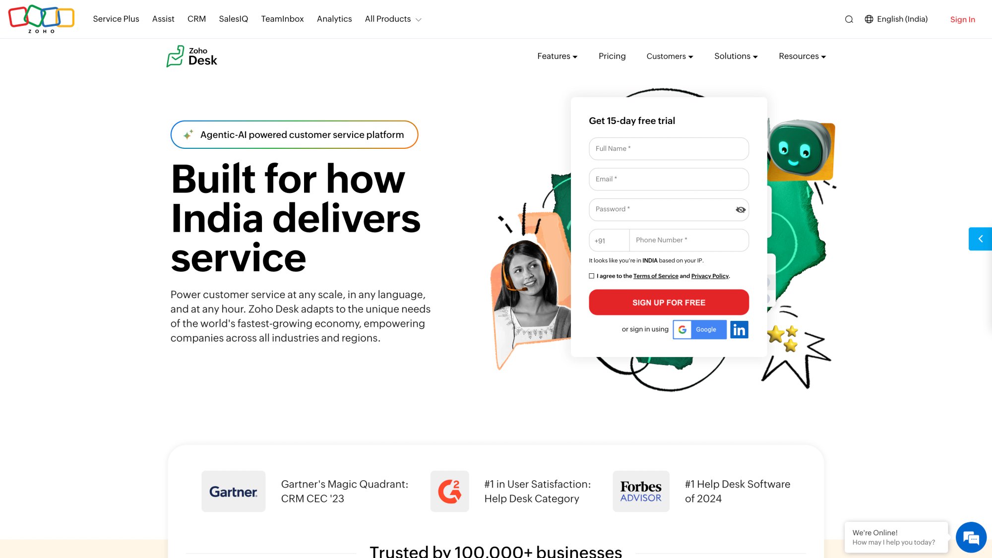 Zoho Desk homepage featuring affordable help desk software with Zia AI assistant, multichannel ticketing, and seamless Zoho ecosystem integration