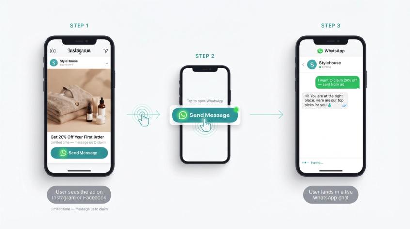 Three-step diagram showing how a click to WhatsApp ad works: Instagram ad, CTA tap, and WhatsApp conversation opening on mobile