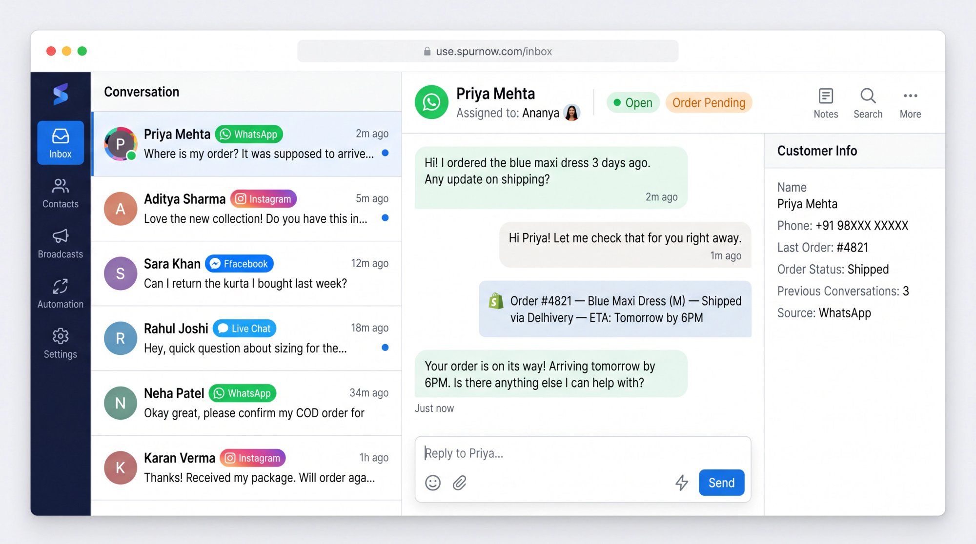 SaaS dashboard UI showing a unified shared inbox with WhatsApp, Instagram DM, Facebook, and live chat conversations side by side