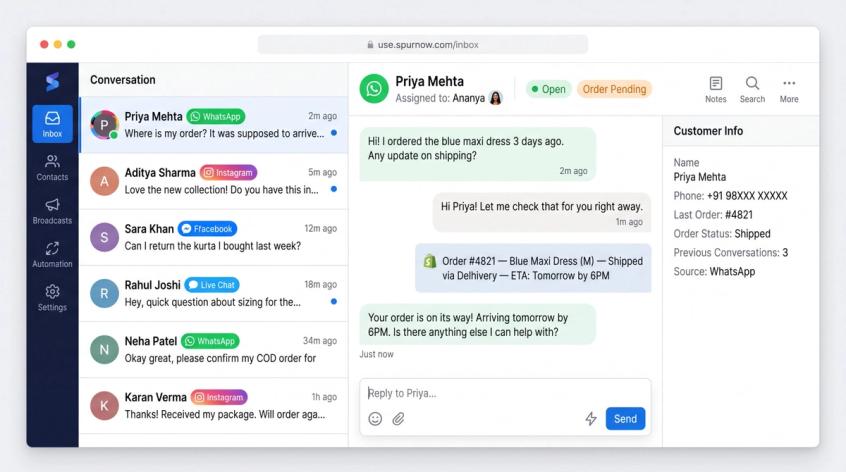 SaaS dashboard UI showing a unified shared inbox with WhatsApp, Instagram DM, Facebook, and live chat conversations side by side