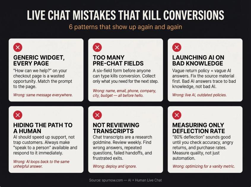 Six-panel grid illustrating common live chat mistakes: generic widgets, long pre-chat forms, unclean AI knowledge, hidden human escalation, skipped transcripts, and deflection-only metrics