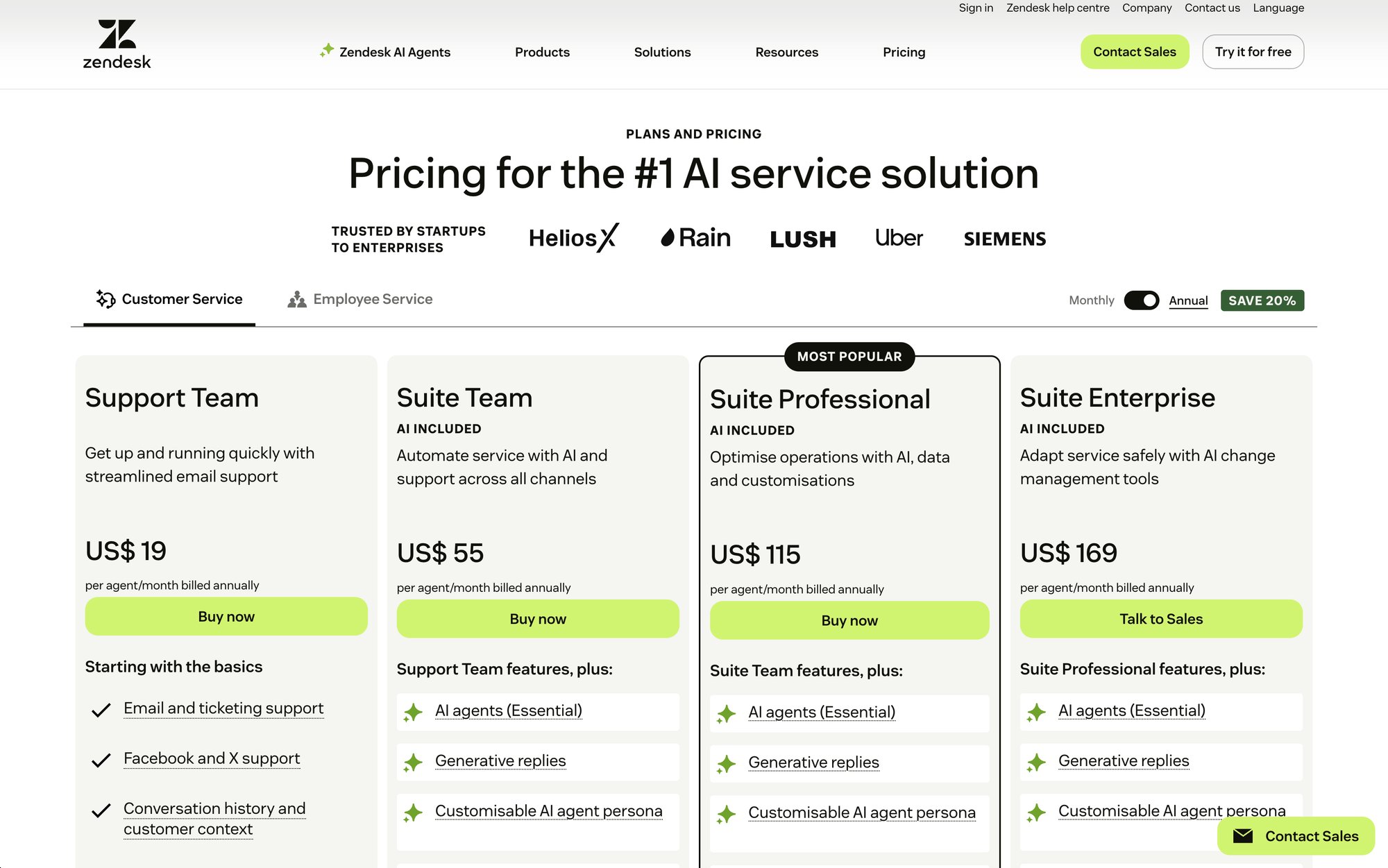 Zendesk pricing page for AI service solutions, showing four annual plans with features and prices.