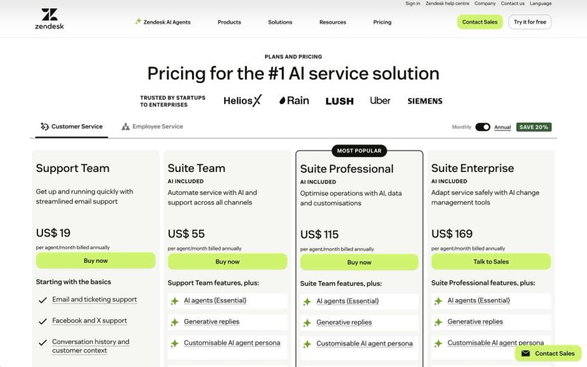 Zendesk pricing page for AI service solutions, showing four annual plans with features and prices.