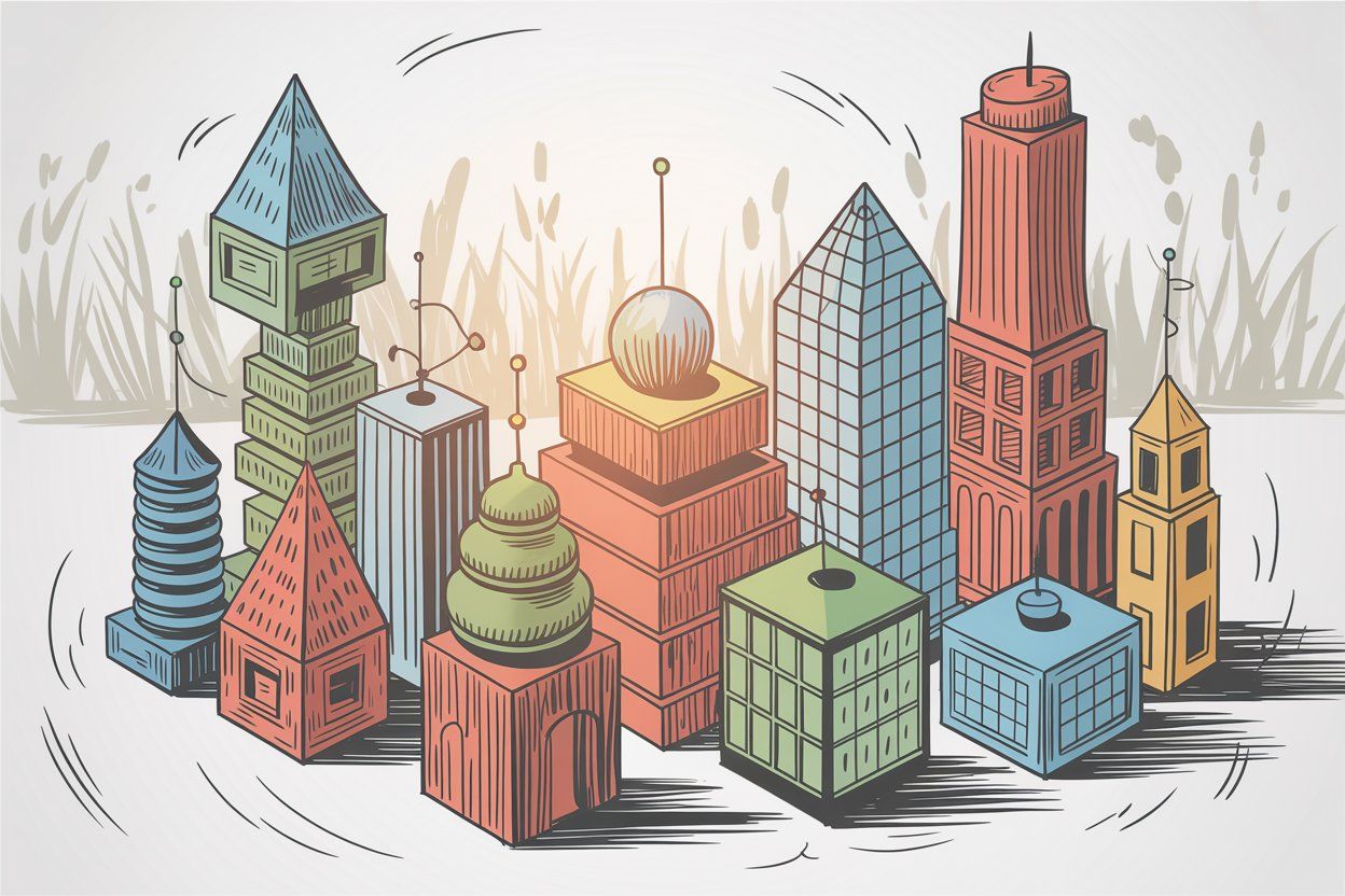 Hand-drawn illustration showing variety of different business models including retail, service, and subscription businesses