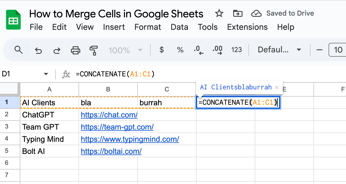 Merge cells without loosing data