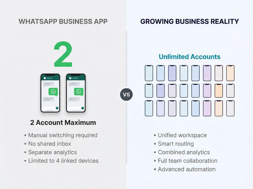 Visual comparison showing WhatsApp's two-account limit versus business needs for multiple accounts