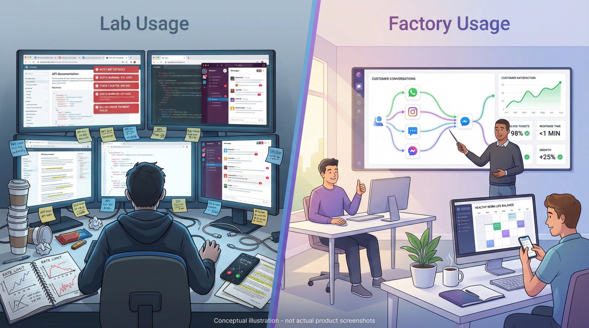 Split illustration contrasting messy API development lab with organized production platform workflow