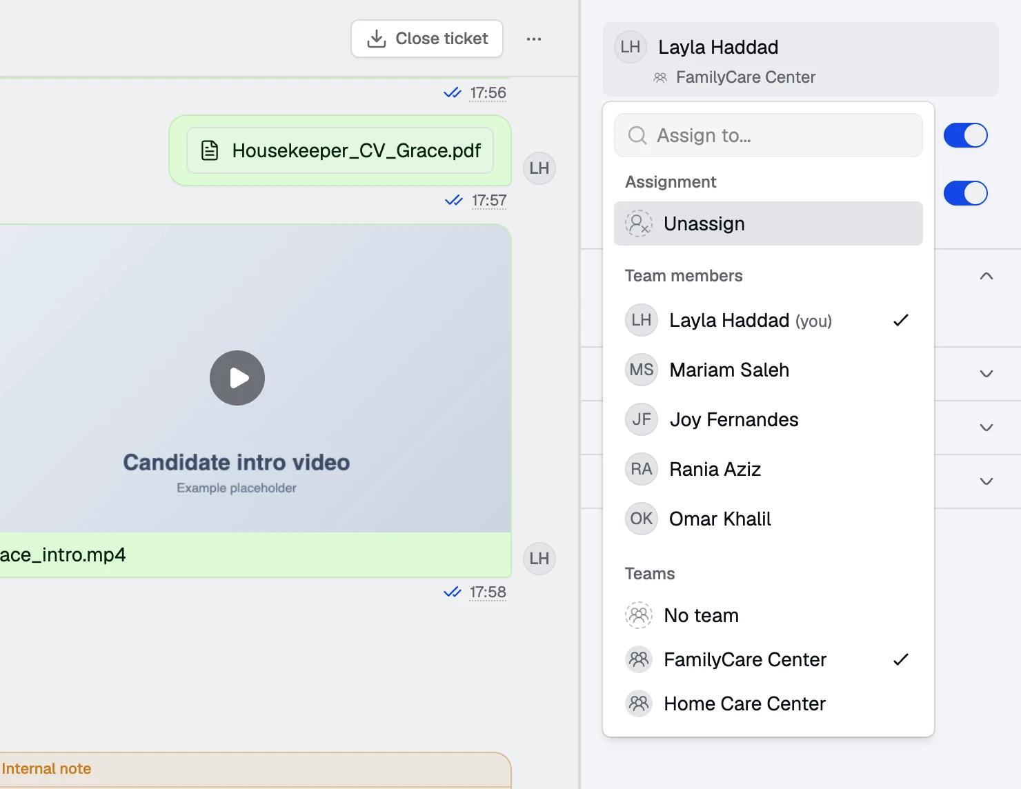 The Assign to menu open in Spur Inbox, listing the five teammates with Layla selected and the two teams, FamilyCare Center, selected, and Home Care Center.