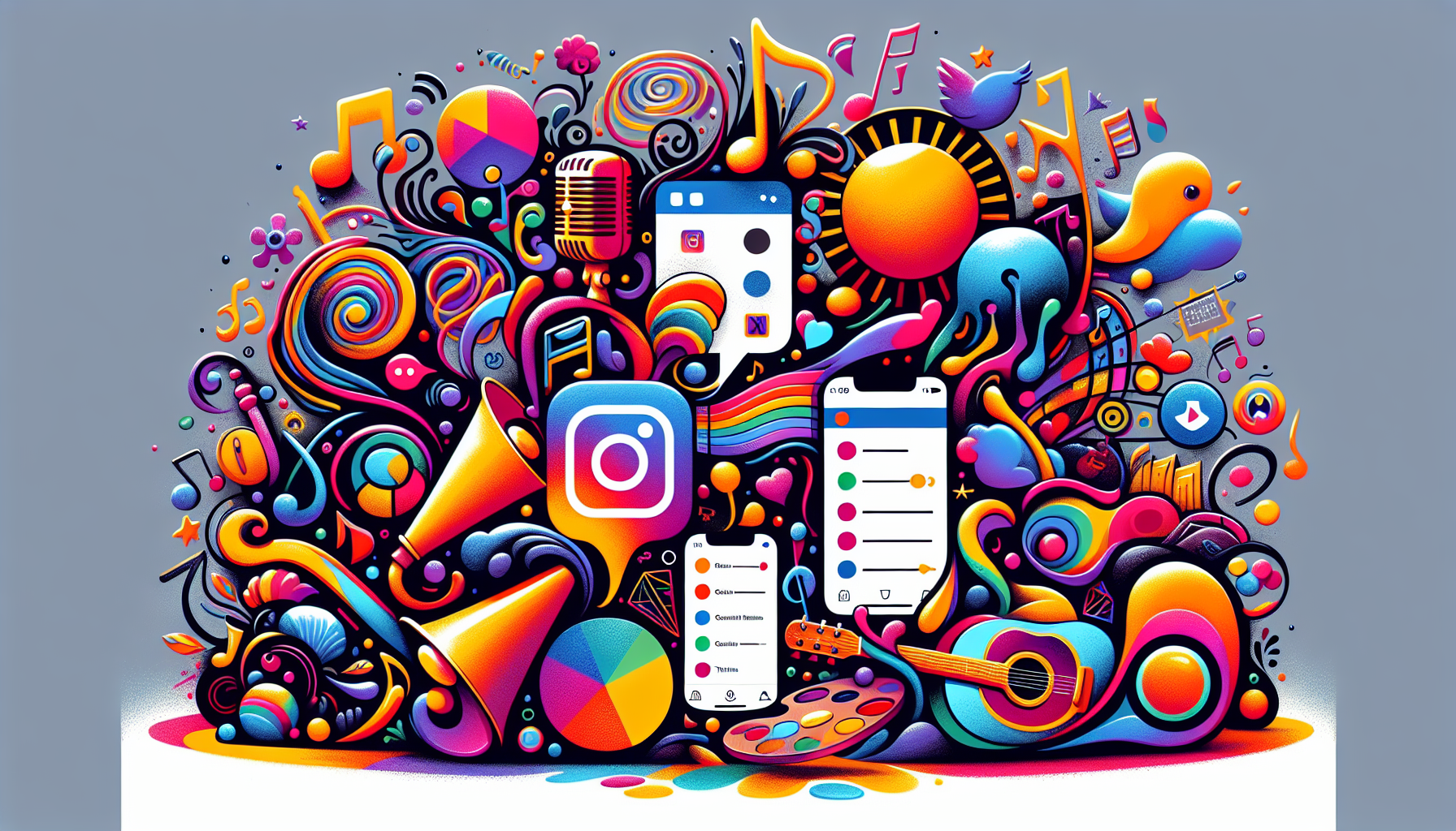 Colorful illustration showcasing various multimedia messaging features on Instagram