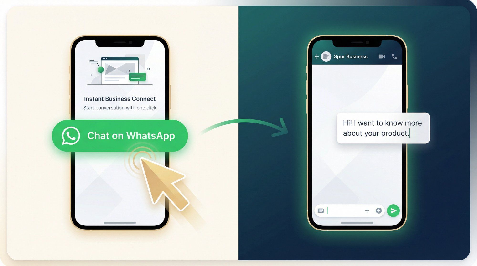 Illustration of a WhatsApp link URL being clicked on a smartphone, instantly opening a frictionless chat conversation