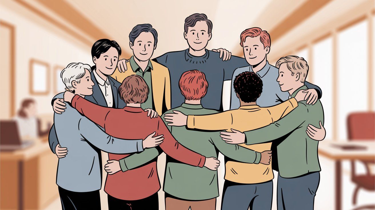 Diverse team forming supportive circle representing customer-focused organizational culture