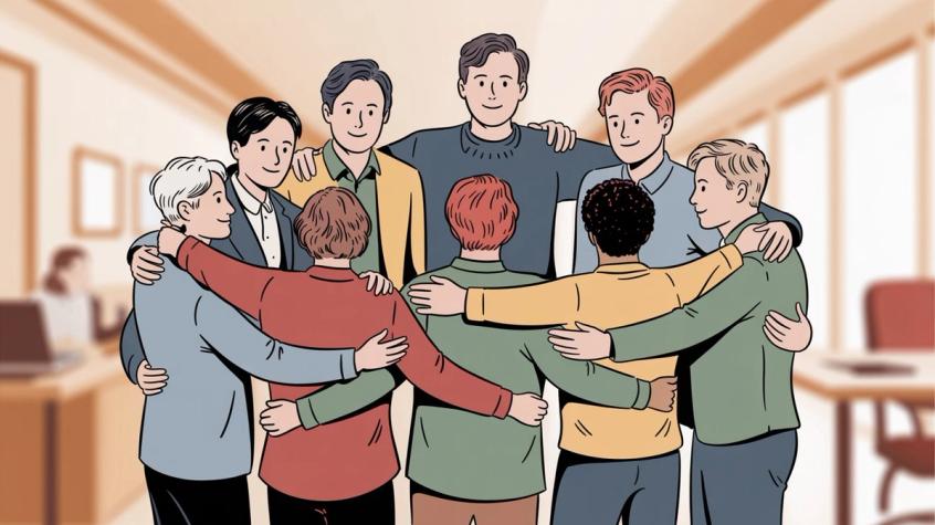 Diverse team forming supportive circle representing customer-focused organizational culture