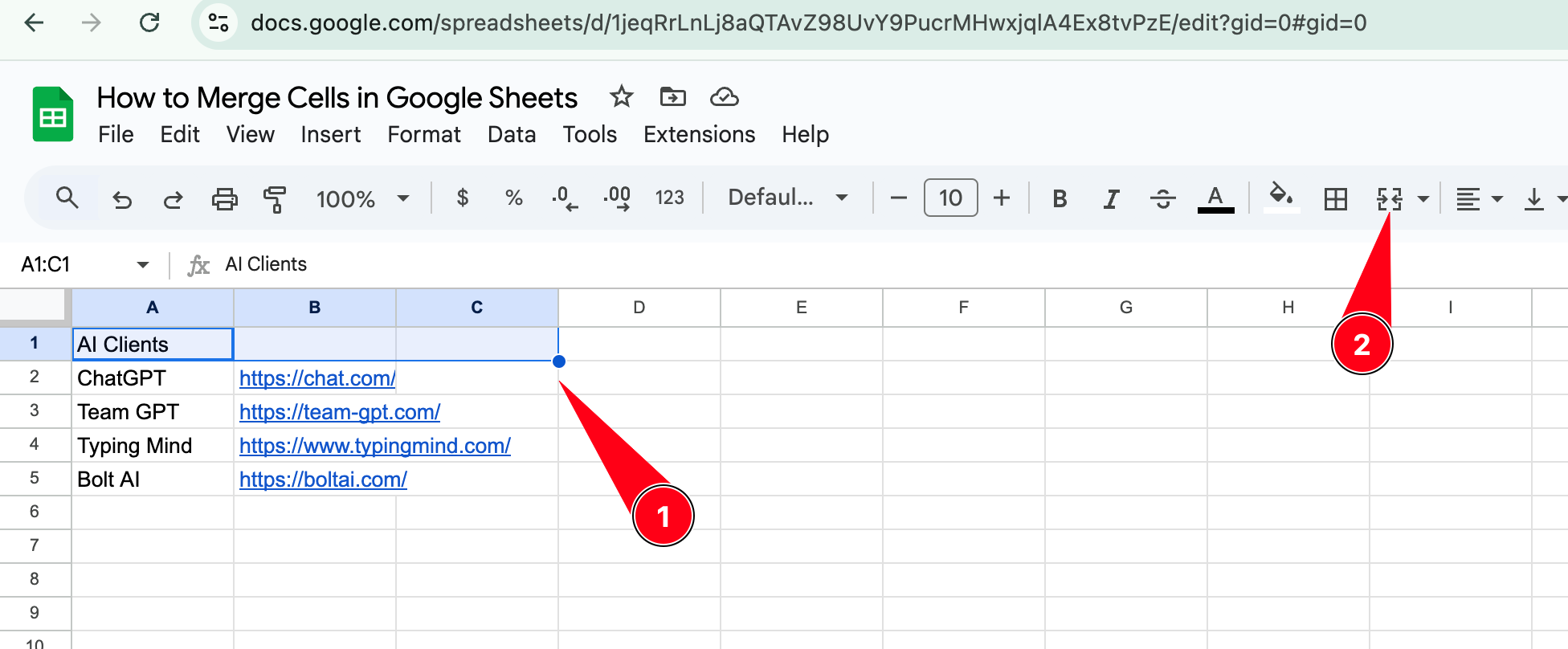 How to merge cells in Google Sheets via Toolbar