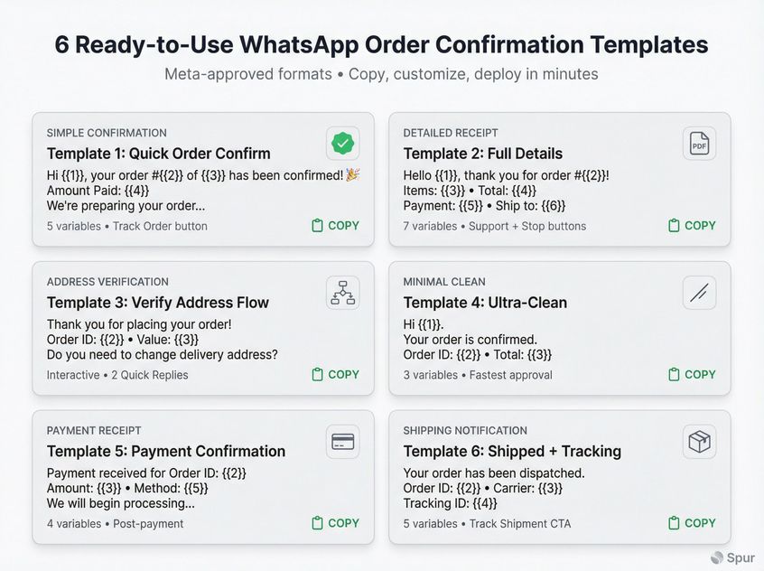 Professional WhatsApp template library showcasing 6 order confirmation message formats from simple to advanced flows
