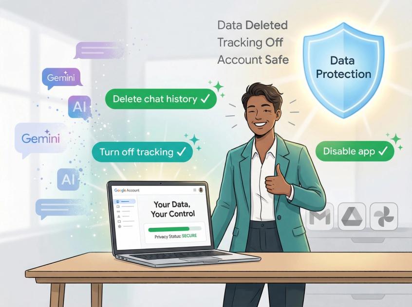 User celebrating data privacy freedom with deleted Gemini chat history while keeping Google account intact