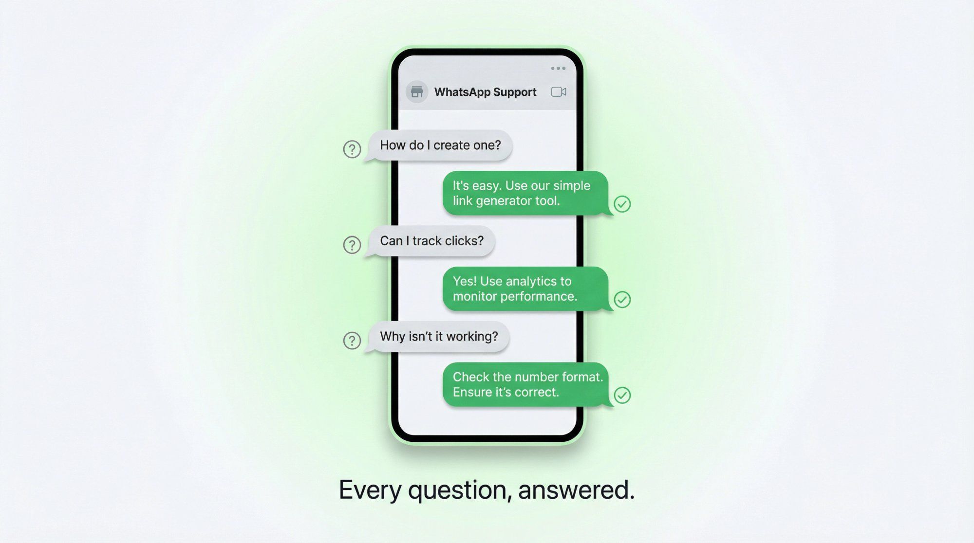WhatsApp chat interface showing FAQ-style Q&A bubbles answering common WhatsApp link questions