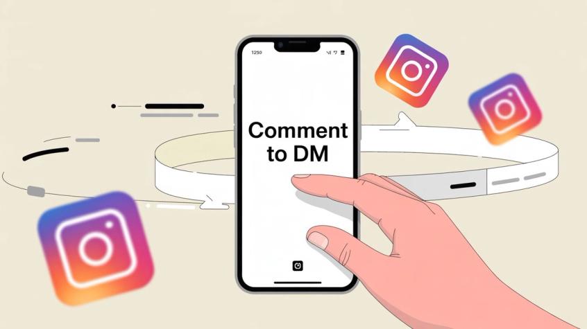 Comment-to-DM funnel showing Instagram conversion flow from comment to direct message in hand-drawn editorial style