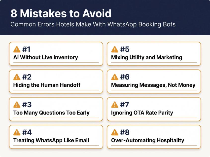 8 common hotel WhatsApp chatbot mistakes shown as a 2x4 grid of amber warning cards with numbered labels