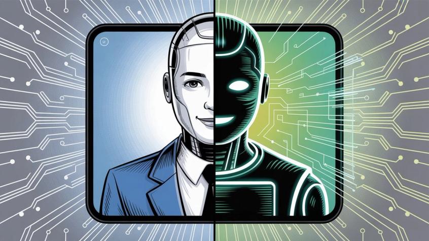 Split screen comparison showing professional versus technological AI assistant approaches