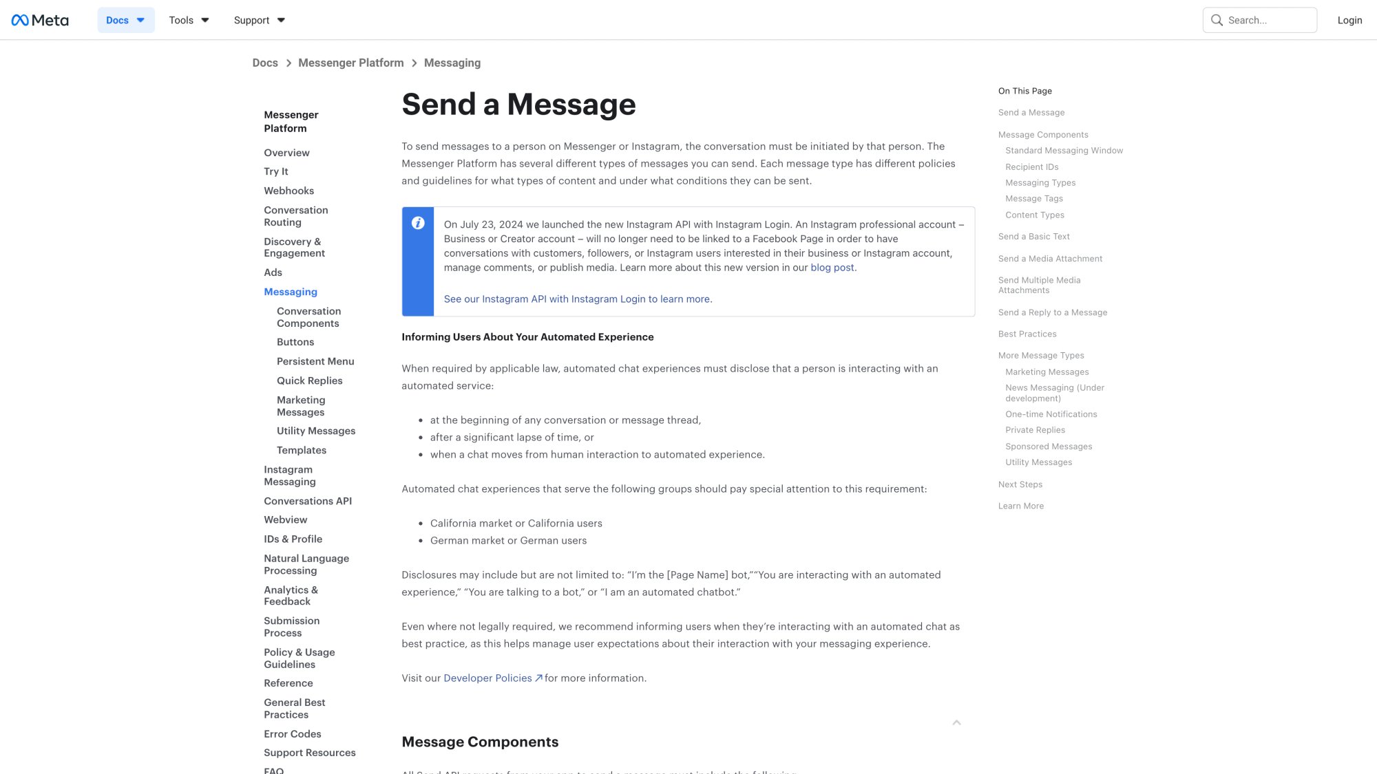 Meta's official Messenger Platform documentation page showing send messages API guidelines and 24-hour messaging window policy