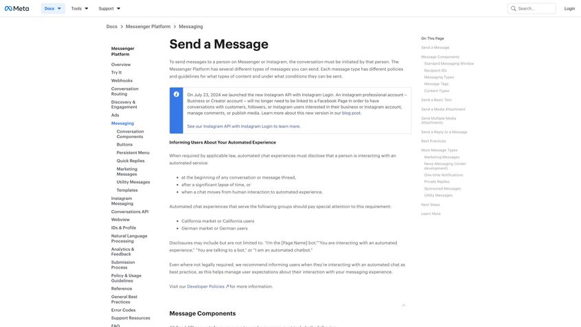 Meta's official Messenger Platform documentation page showing send messages API guidelines and 24-hour messaging window policy