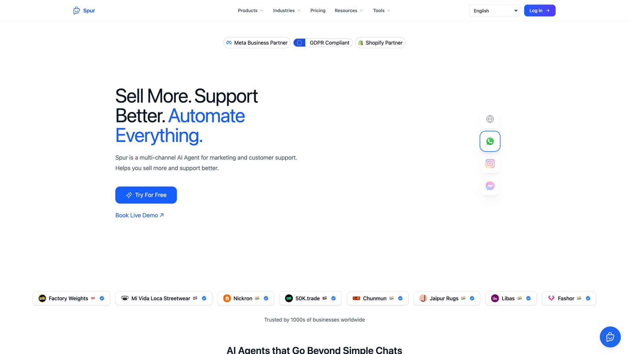 Spur homepage showing AI-powered messaging platform for WhatsApp, Instagram, and live chat support with trusted brand logos