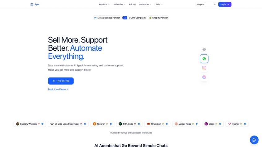 Spur homepage showing AI-powered messaging platform for WhatsApp, Instagram, and live chat support with trusted brand logos
