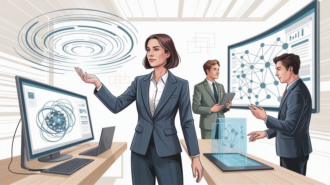 Illustration of business professionals using AI tools for automation and productivity