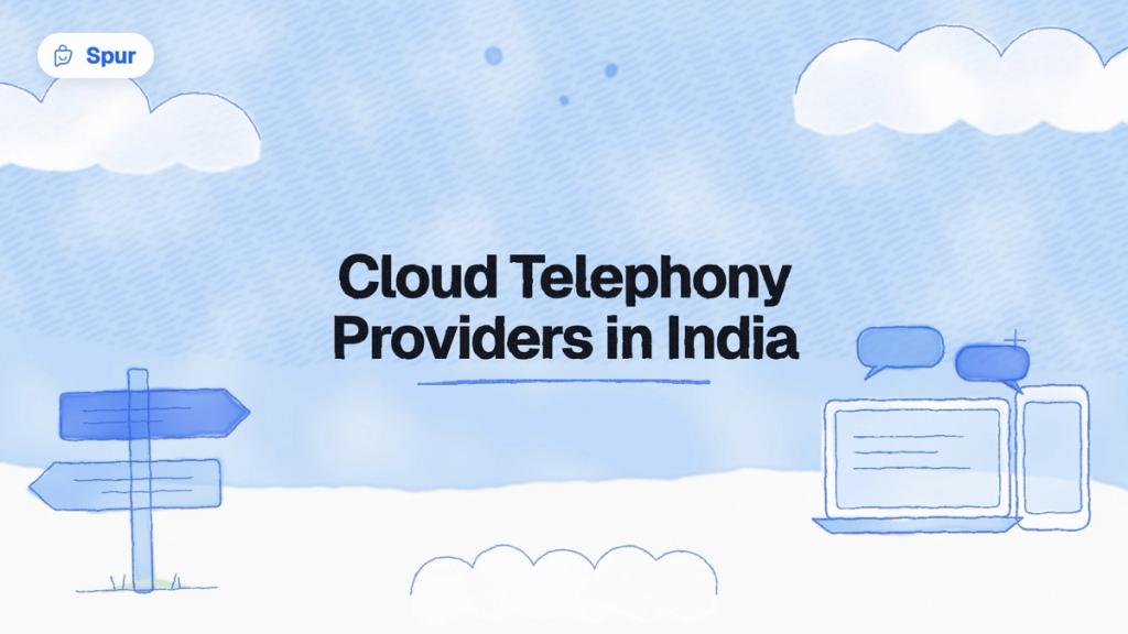 Watercolour illustration of signposts and a laptop with chat bubbles under the title Cloud Telephony Providers in India