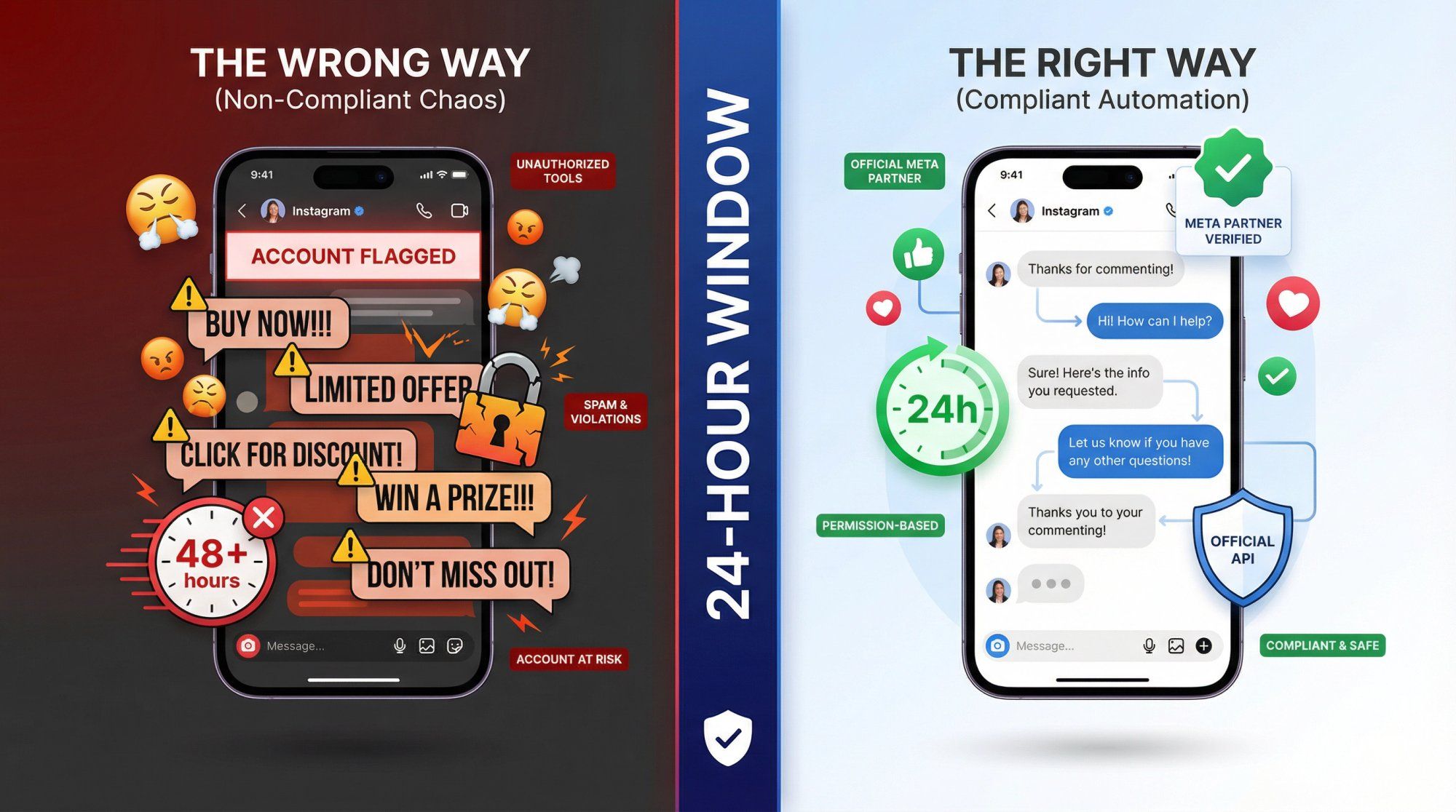 Split visual showing wrong vs right Instagram DM automation with 24-hour window boundary dividing compliant and non-compliant approaches