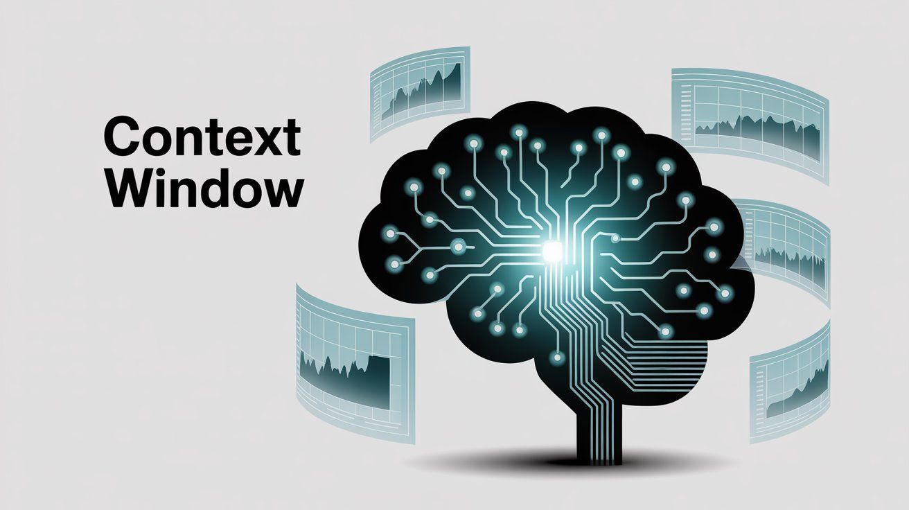 AI processing system showing context window capabilities with multiple information sources and neural network pathways