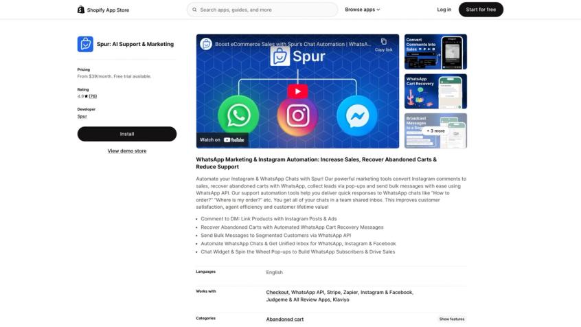 Spur app listing on Shopify App Store displaying 4.9-star rating, AI-powered customer support features, and pricing plans starting at $39/month