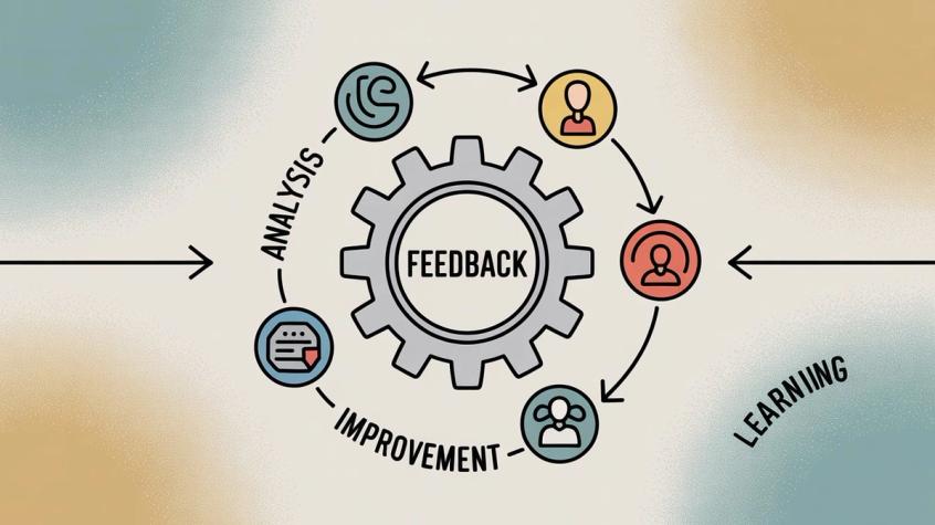 Conceptual illustration showing customer feedback and learning improvement cycle with continuous growth