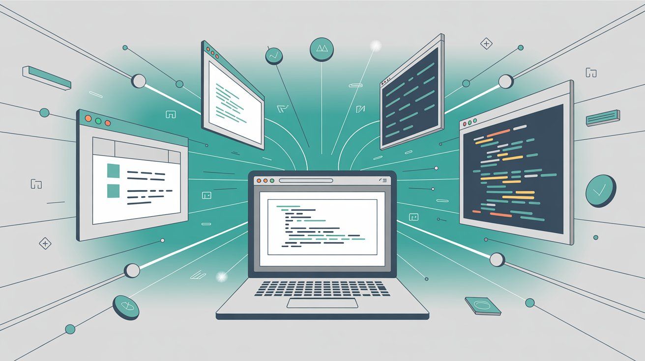 Digital workspace showing multiple browser windows, code panels, app connections, and document creation in hand-drawn editorial style