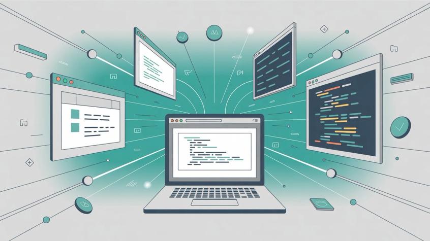 Digital workspace showing multiple browser windows, code panels, app connections, and document creation in hand-drawn editorial style