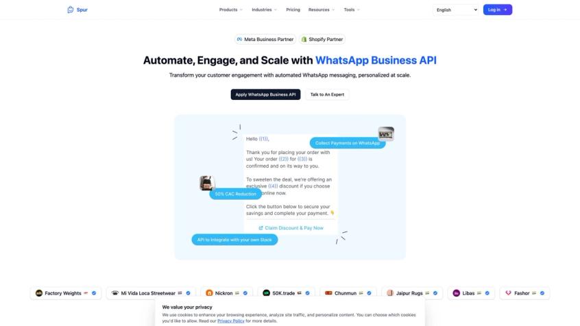 Spur's WhatsApp Business API product page showing "Automate, Engage, and Scale" headline, live WhatsApp message template demo with cart recovery flow, and Meta Business Partner trust badge