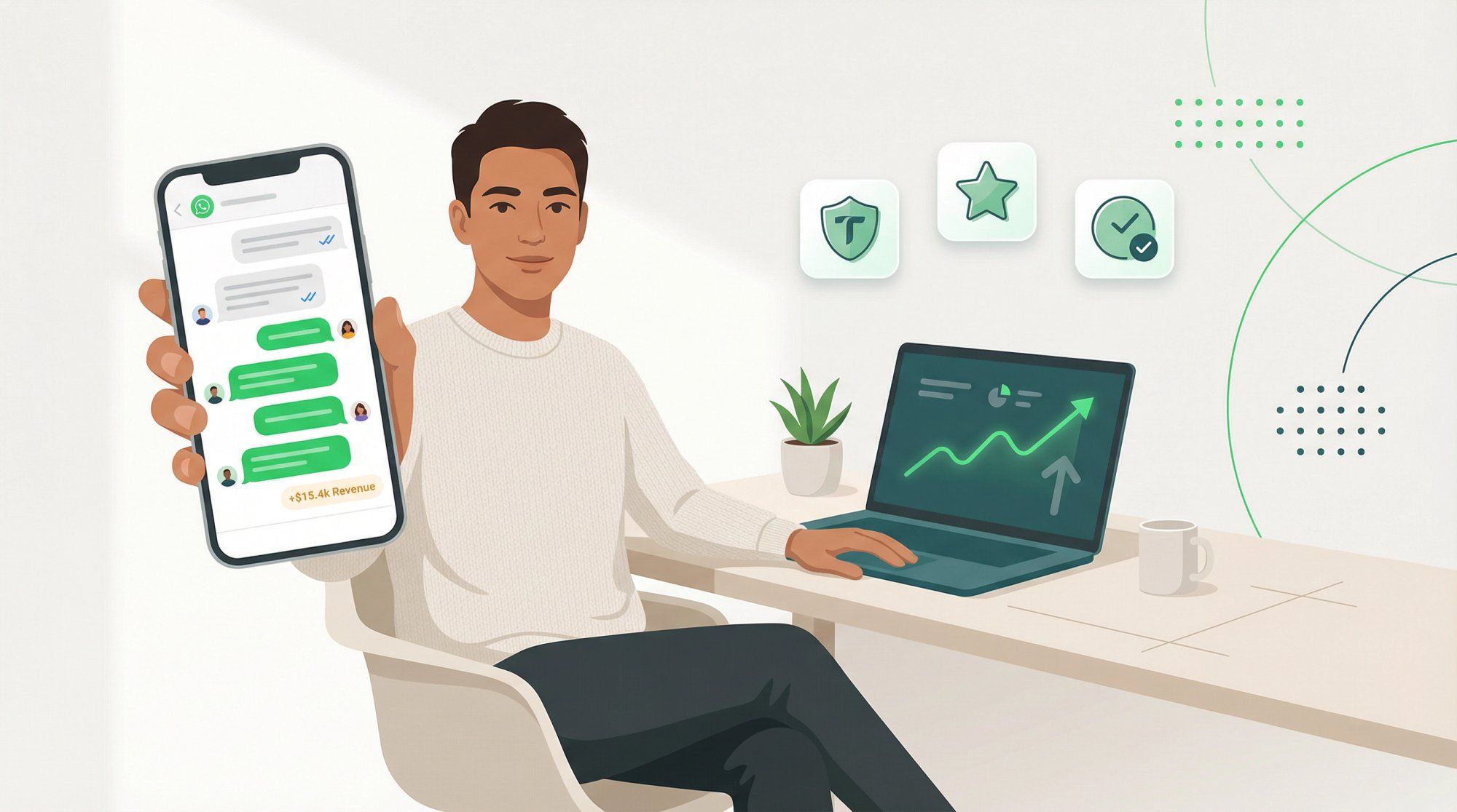 Confident marketer viewing a thriving WhatsApp newsletter conversation thread with high engagement metrics and revenue signals