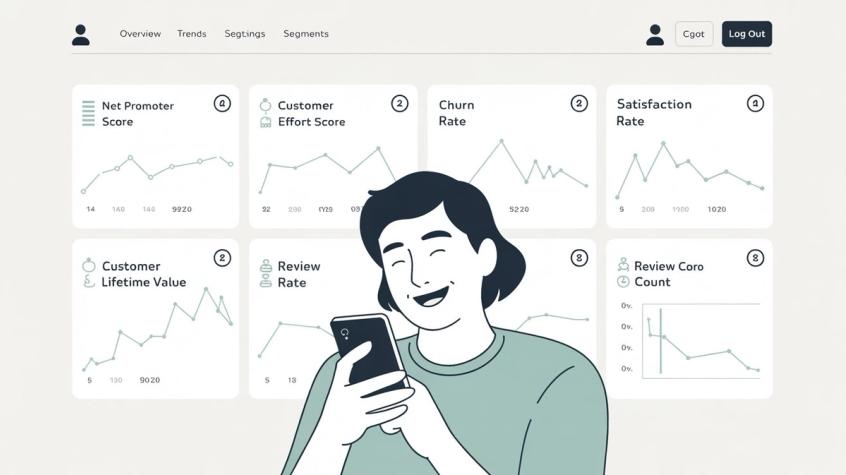 Customer satisfaction metrics analytics dashboard showing key performance indicators like NPS, CSAT, and retention rates