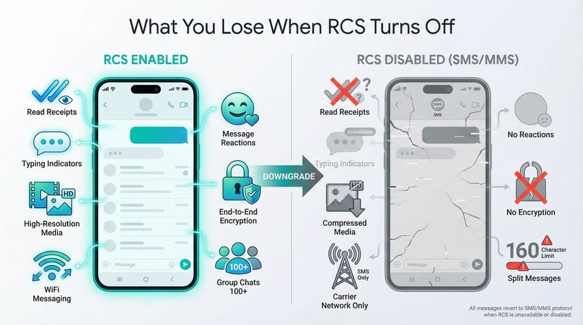 Before and after comparison showing features lost when switching from RCS to SMS/MMS messaging