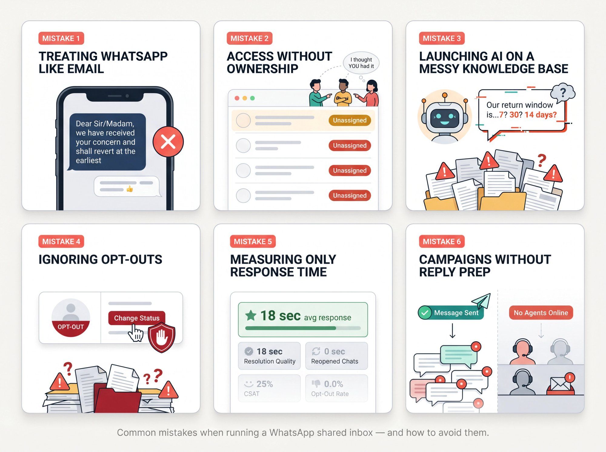 Six-panel editorial illustration grid showing common WhatsApp shared inbox team mistakes with bold labels and visual cues