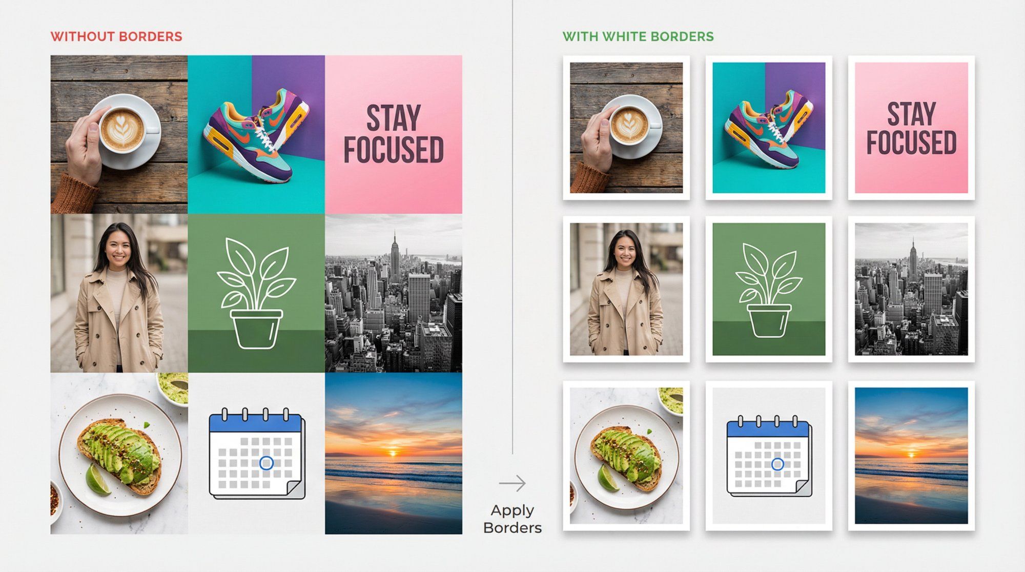 Side-by-side comparison of Instagram grids showing cluttered layout without borders versus clean, organized layout with white borders
